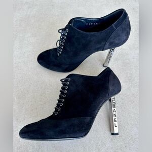 Chanel Logo Suede Lace Up Cap Toe Black Booties Metal Heel EU 38.5 C US 7.5-8